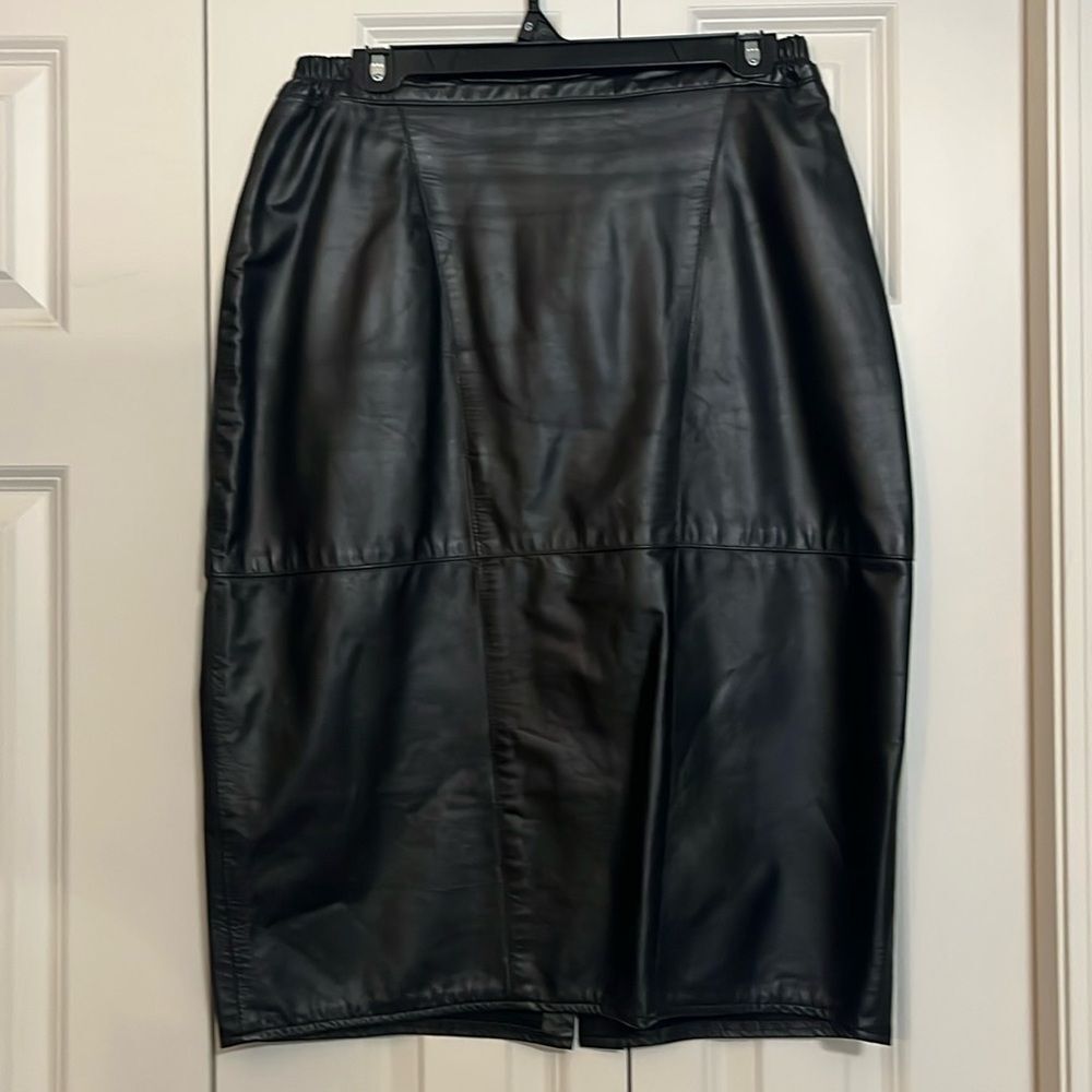 Vintage Black Leather Blocked Midi Skirt Vintage Mobwife Goth Emo L